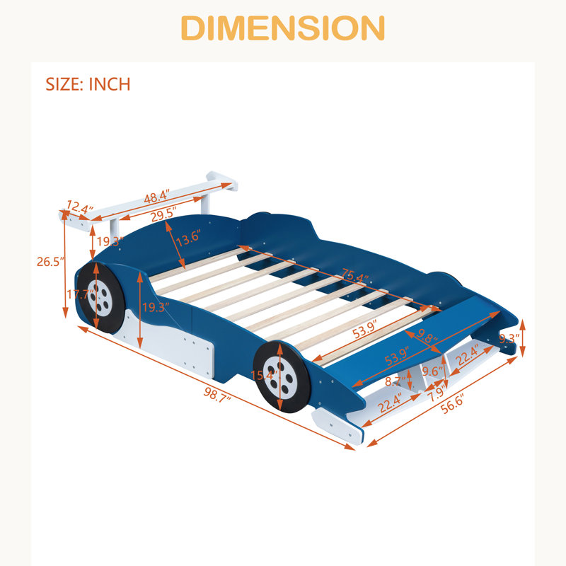 Full Size Race Car-Shaped Platform Bed With Wheels, Blue
