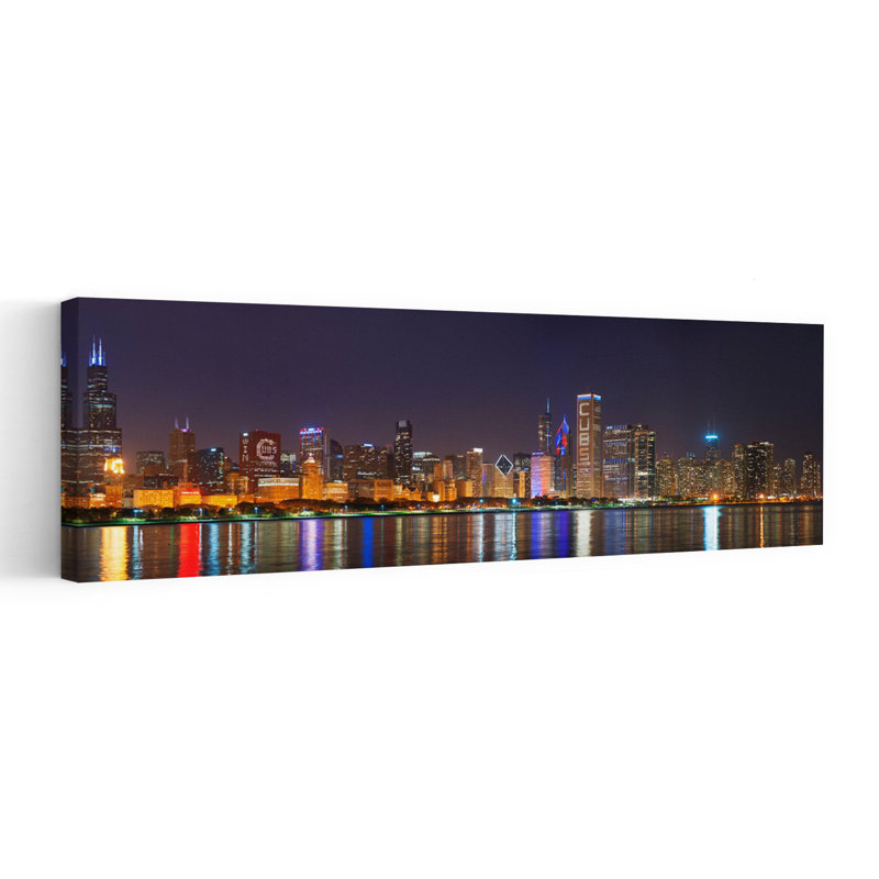 Chicago Skyline With Cubs World Series Lights Night Lake Michigan Chicago Cook County Illinois USA by Robert Rydin - Wrapped Canvas Panoramic Print