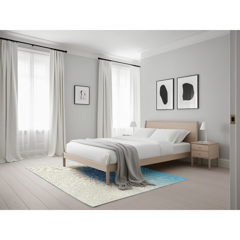 Laine tissée à la main et polyester beige/bleu ciel Tapis décoratif, Rectangle de 5 pi x 7 pi