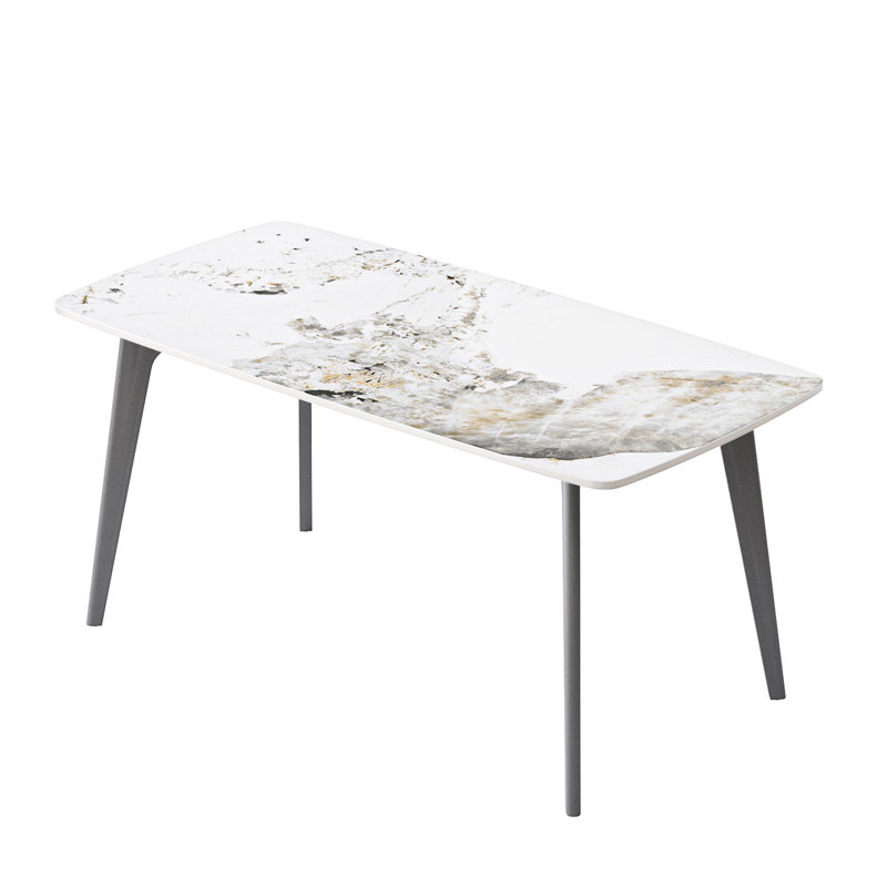 64,11 po, table de salle à manger, pierre blanche, pieds en métal gris foncé, peut accueillir de 6 à 8 personnes, haute dureté, chaleur moderne, 8 sièges rectangulaires, brûlé, odeur