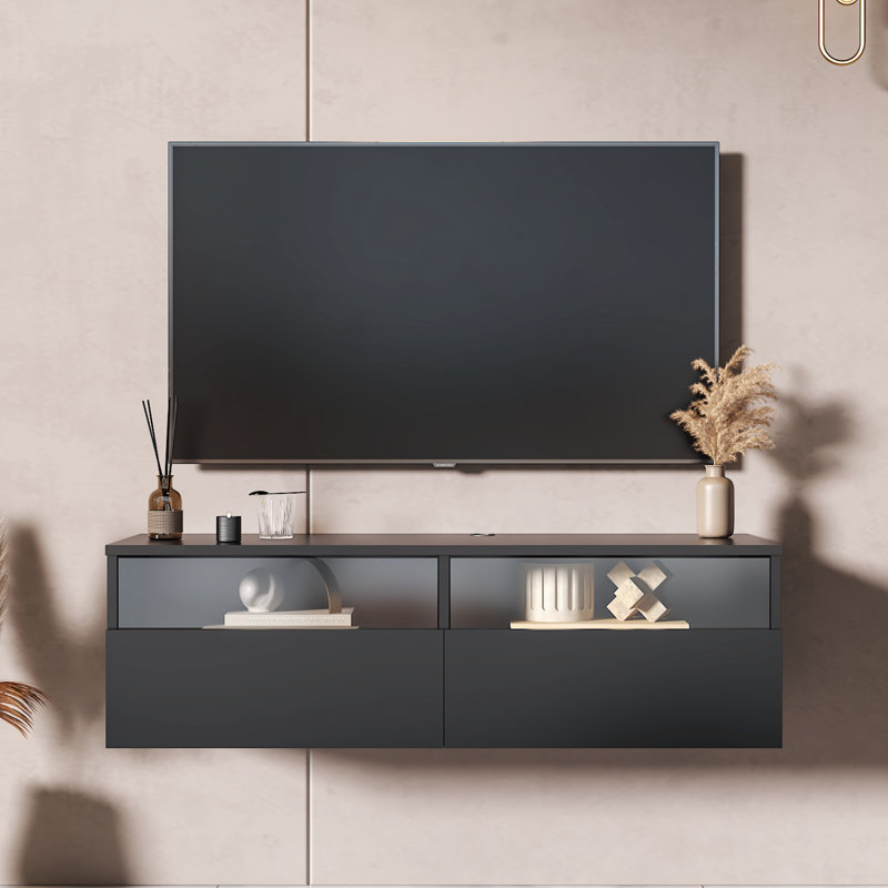 Modern Acrylic Floating TV Stand with LED Lighting to 50'', Wall-Mounted Media Console for Living Room, Black