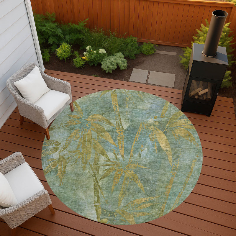 Machine Washable Indoor/Outdoor Lafferty ACN2222 Botanical Rug, Rond 8 pi