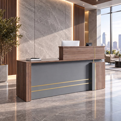 Modern Reception Desk with Built-In Power Outlets, Privacy Panel, Storage Cabinet & Cable Management for Corporate Office, Lobby, Clinic and Commercial Spaces. Walnut & Gray Reception Counter
