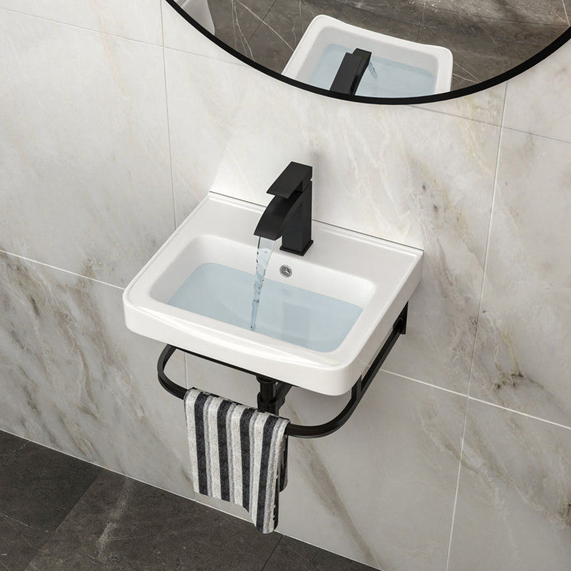 Lavabo de salle de bain mural rectangulaire en céramique 17 po x 14 po x 6,25 po avec barre à serviette noire et trop-plein, robinet noir
