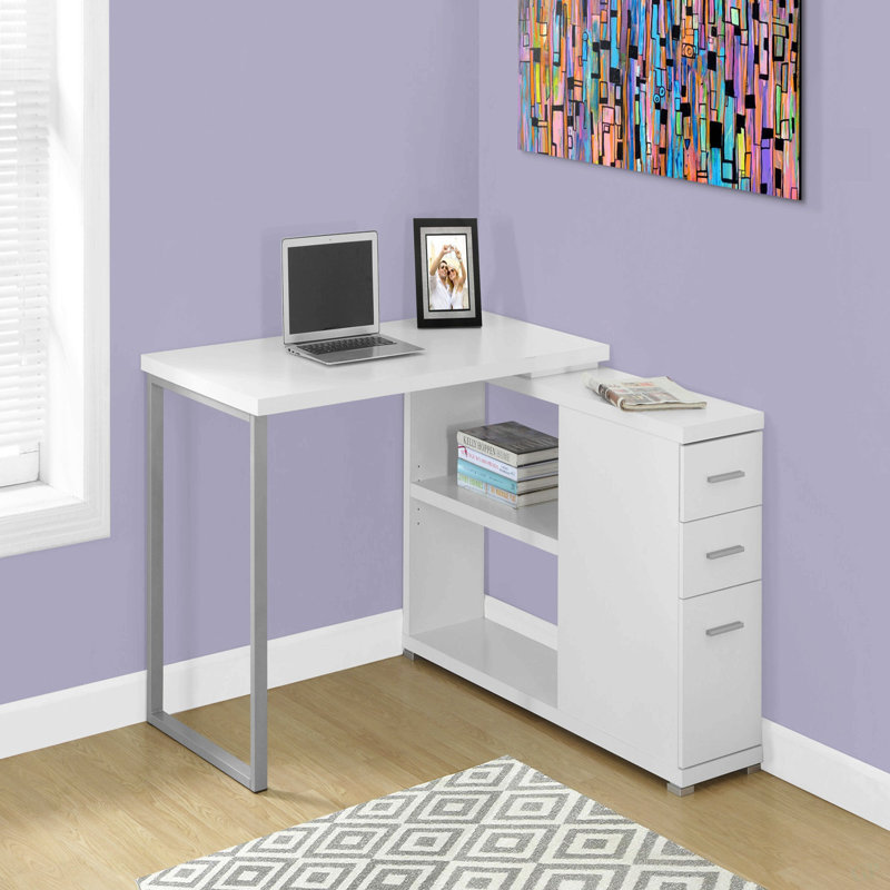 Bureau d'ordinateur, bureau personnel, coin, gauche, configuration à droite, tiroirs de rangement, forme en L, travail, ordinateur portable, stratifié blanc, métal gris, contemporain, moderne