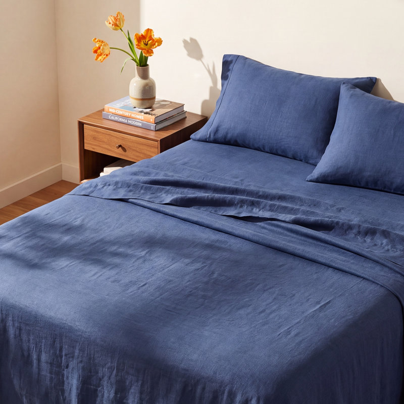 Nena 100% Linen Standard Sheet Set, Queen Sheet Set with 2 Pillowcases, Navy