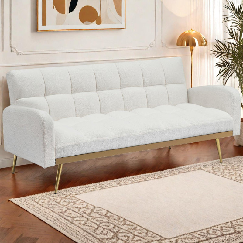 Canapé-lit convertible en molleton 69 po avec dossier réglable et pieds en métal pour petits espaces 69 po, Beige Teddy
