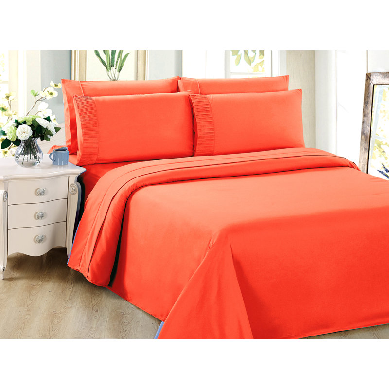 Ensemble de draps plissés en rayonne de bambou toutes saisons 6 pièces avec 4 taies d'oreiller, Marina, Orange