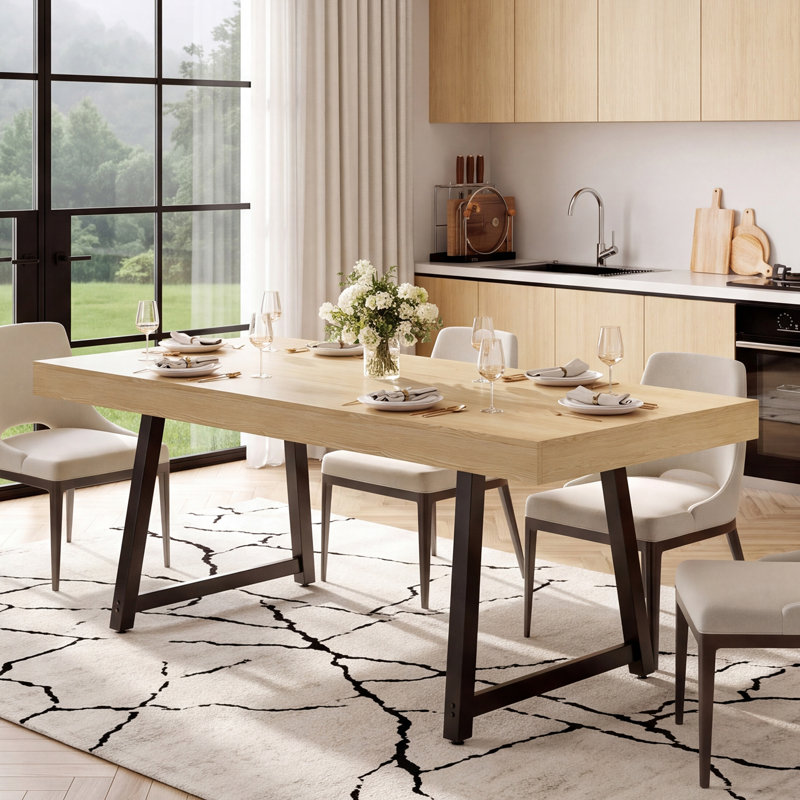 Table de salle à manger moderne en bois naturel industriel avec base en métal noir, Beige