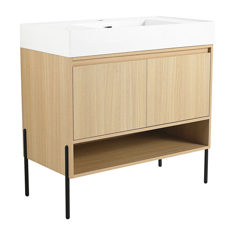 Ensemble de meuble-lavabo de salle de bain avec lavabo simple en résine, armoire de rangement moderne à 2 portes