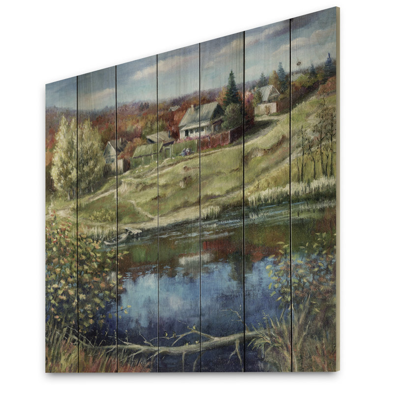 Village champêtre dans un paysage d'automne - impression sans cadre sur bois, H 16 po x l 16 po x P 1 po