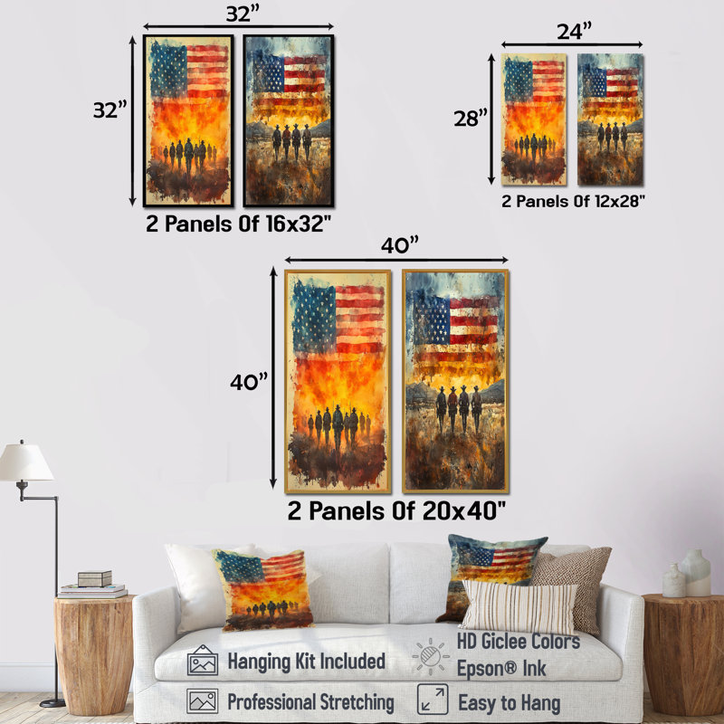 «California Gold Rush Cowboys And USA Flag I», art mural 2 panneaux, H 32 po x l 33 po, Toile tendue