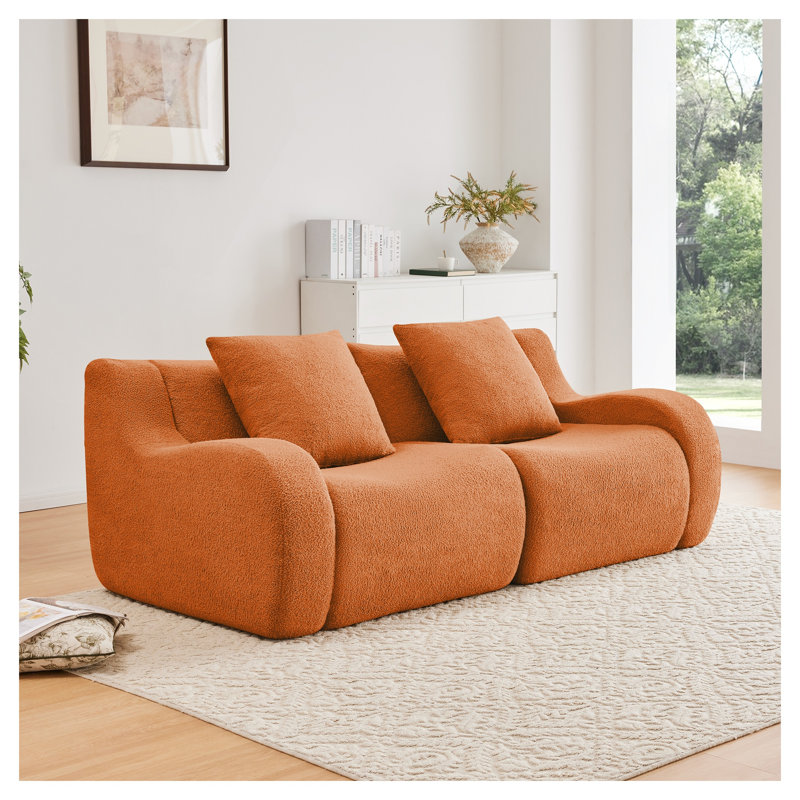 Orange Teddy Fabric Boneless 2-Seat Loveseat Sofa, No Assembly Required Curved Arm Living Room Couch, Orange