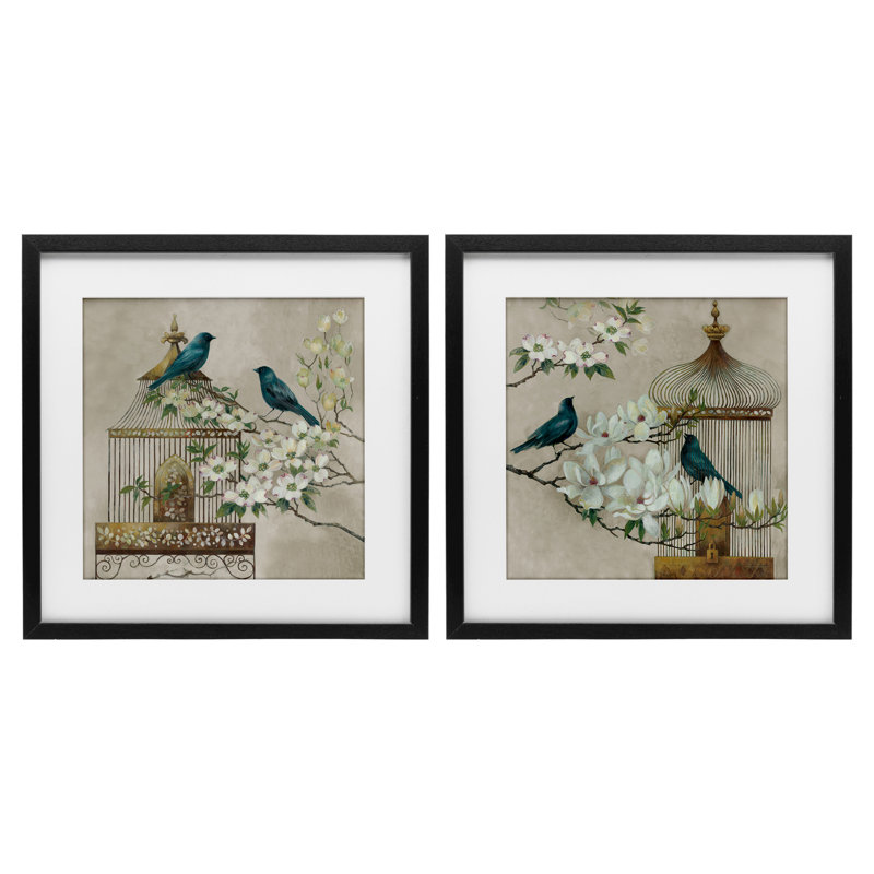Spring Bluebirds Menagerie, ensemble de 2 reproductions encadrées sous verre, par Elaine Vollherbst, H 13 po x l 13 po