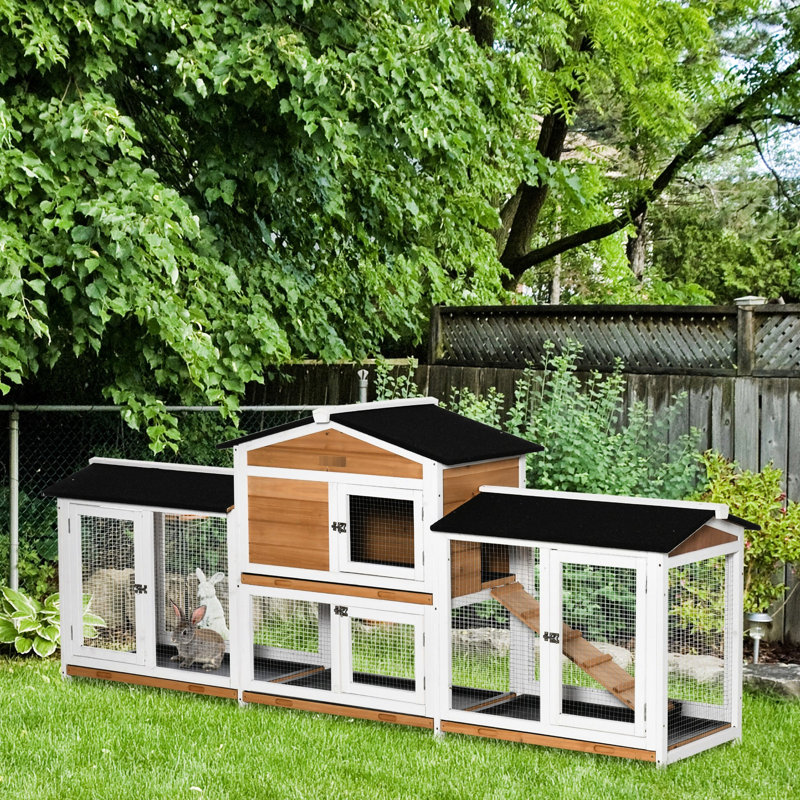 Maison pour lapins en bois 90,5 po avec zones à double couloir, plateau nettoyable et rampe d'alimentation sans effort, deux espaces blancs, rampe de couchage lisse sans déversement