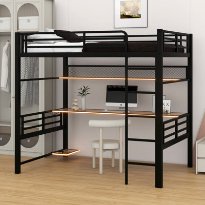 Full Size Iron Mesh Metal Loft Bed Frame – Equipped With Storage Shelf & LED Light