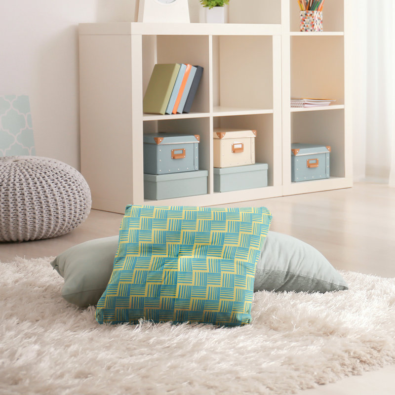 Coussin de sol classique à rayures Baskettressées, 26 po x 26 po, Jaune/bleu sarcelle