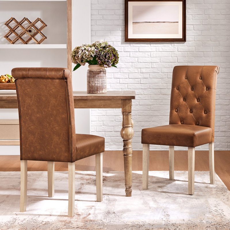 Upholstered Dining Chair, Leather-Retro Brown