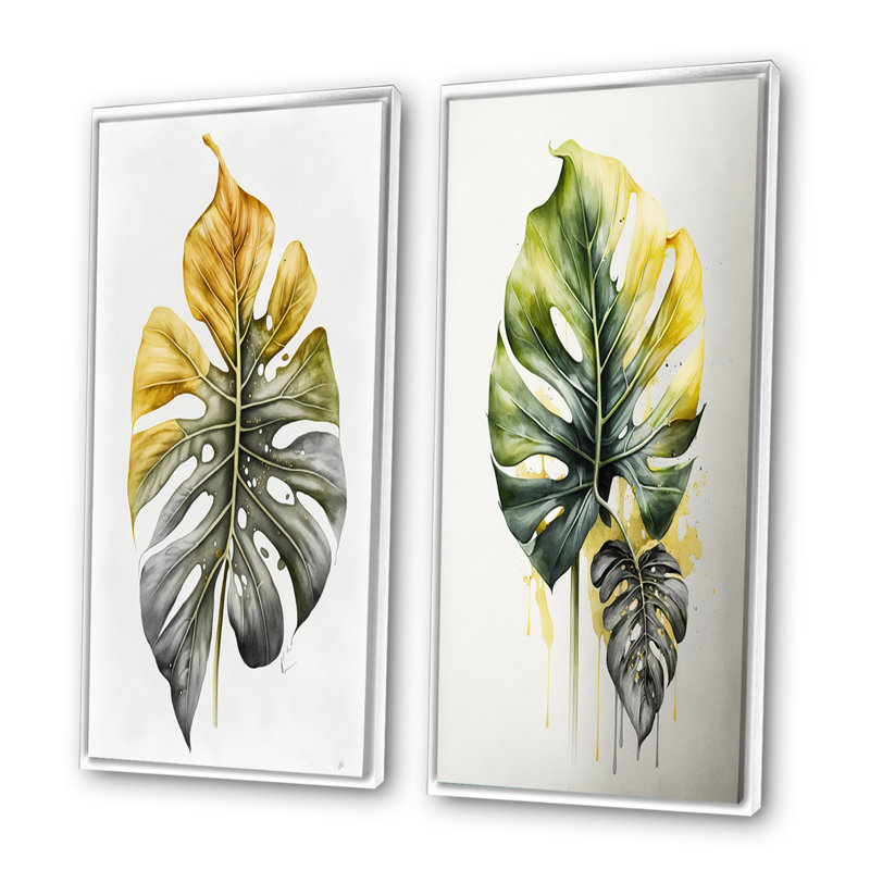 «Yellow and Gray Philodendron Leaf», 2 pièces sur toile, Cadre blanc, H 24 po x l 20 po