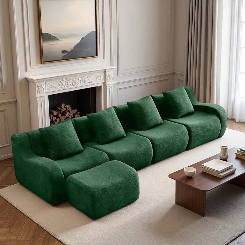 Boneless L-Shaped Teddy Fabric Boneless Sofa,No Assembly Required Curved Armrest,Streamlined Design Ergonomic Design,32D High Density Sponge For Living Rooms Rest Areas Bedroom