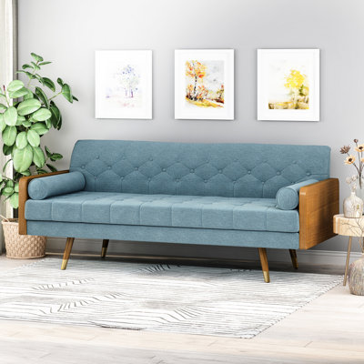 Revêtement Mid-Century moderne en tissu bleu, l 74,02 po x P 30,5 po, H 33,12 po, tendance avec pieds et traversins, bleu, ajout élégant au salon