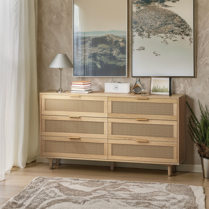 Natural Oak and Rattan 6-Drawer Storage Cabinet