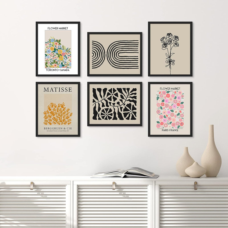 Henri Matisse, art moderne encadré 6 pièces, Cadre noir, H 10 po x l 8 po x P 1 po