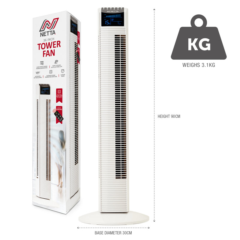 NETTA Tower Fan, 36 Inch Oscillating With Remote Control, LED Display, 3 Speed Settings With Timer, White