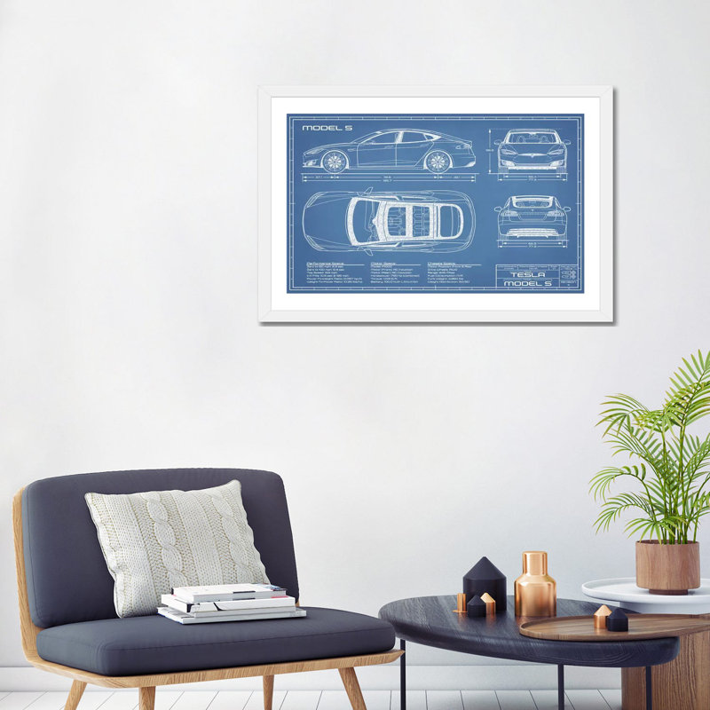 Modèle Tesla S (2016-2020) Blueprint-impression de dessin, Papier encadré blanc, Blanc, H 24 po x l 32 po x P 1 po