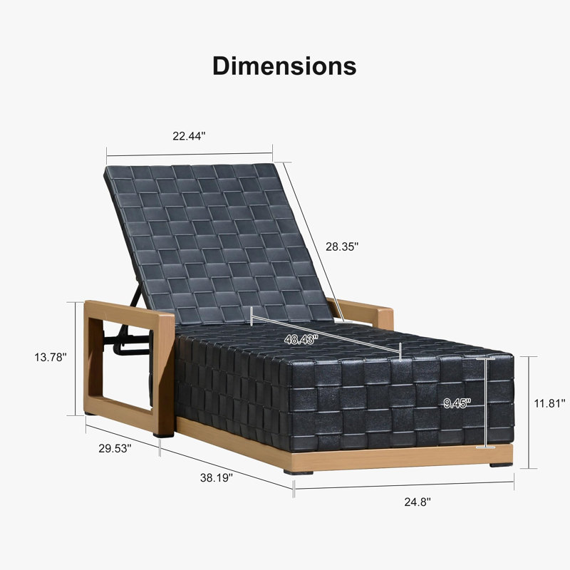 Pu Leather Outdoor Chaise Lounger 1 Piece Aluminum Pool Lounge Chair With 5-position Adjustable Backrest, Black/Brown