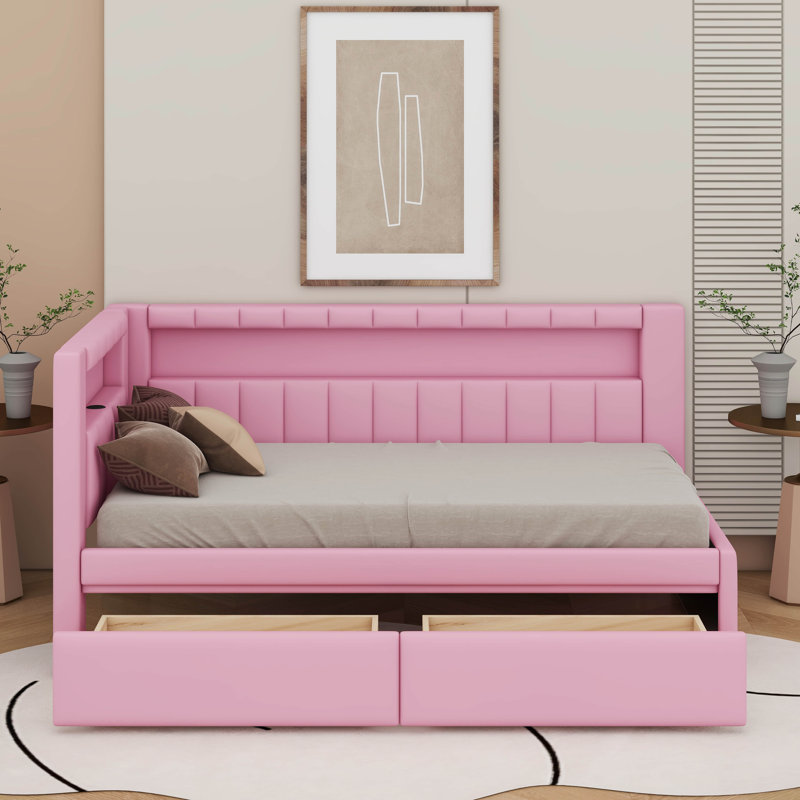 Upholstered Platform Bed With USB Ports, LED Belt, Twin, Pink
