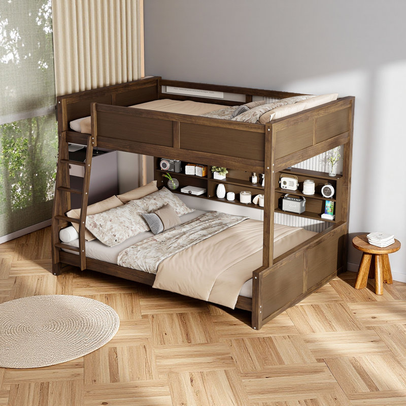 Lit superposé avec armoires de rangement et ports USB, Double TG sur grand, Bois antique