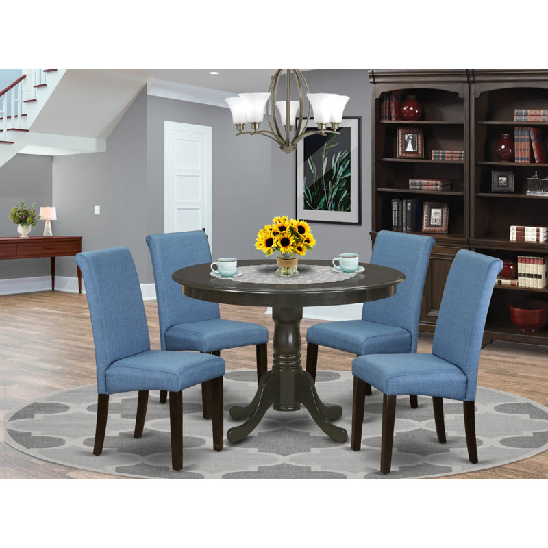 Ensemble de table de salle à manger 5 pièces comprenant une table de cuisine ronde avec piédestal et 4 chaises de salle à manger Parson en tissu de couleur bleue, cappuccino de 42 po x 42 po