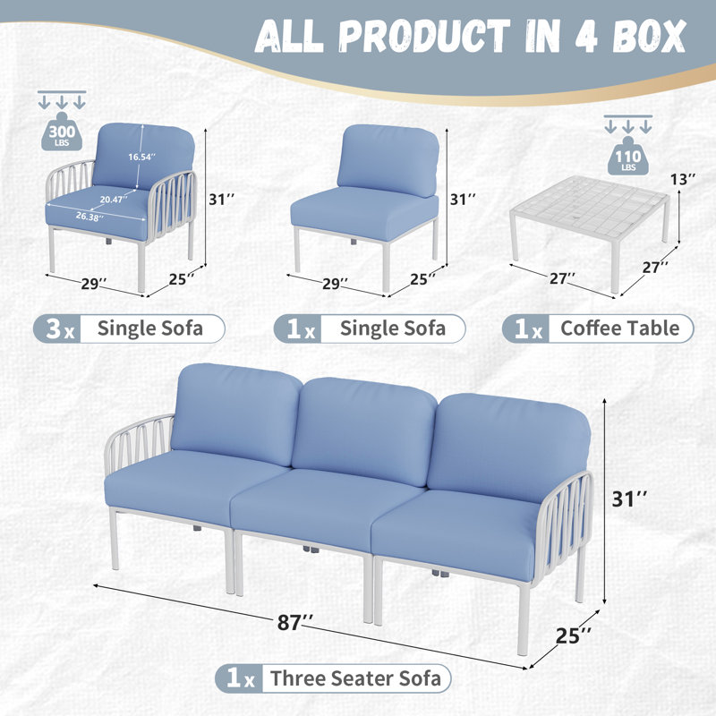 Ensemble de conversation d'extérieur 7 places avec coussin 7 personnes, Blanc, Bleu