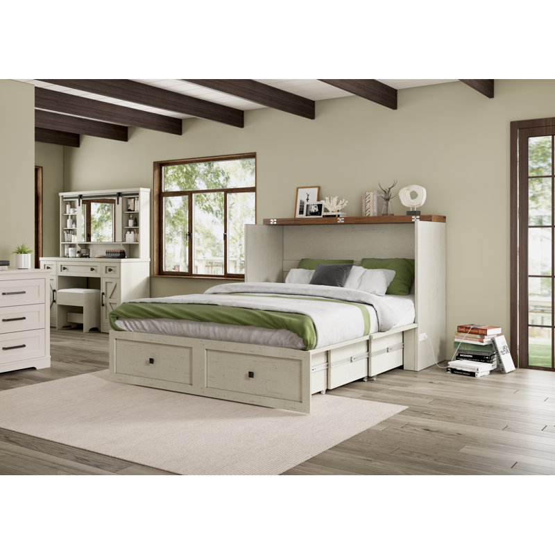 Grand lit escamotable Wilkinson Farmhouse avec grand tiroir de rangement et station de charge, blanc, Grand, Blanc / brun