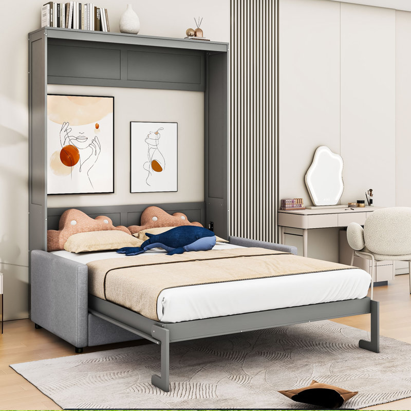 Wooden Murphy Wall Bed with Sofa, Queen, Gray
