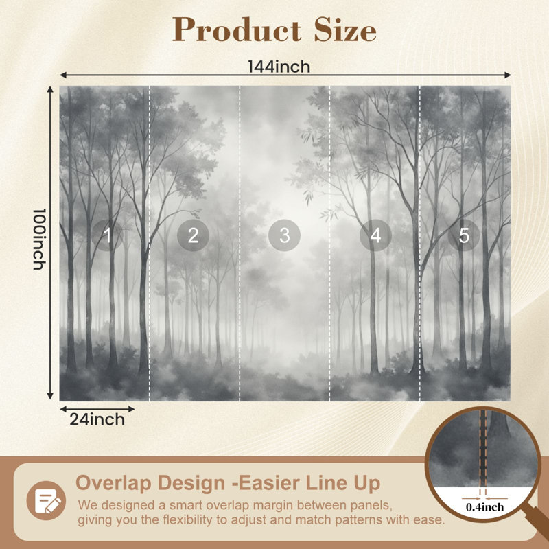 Papier peint auto-adhésif Misty Forest Landscape Tall Trees Subtle Fog, L 144 po x l 100 po