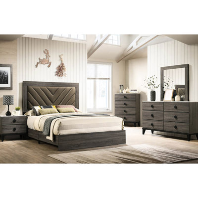 Queen Sized Bed In Dark Gray Oak With Rustic , Fabric Covered, Assembly Required Charisma,