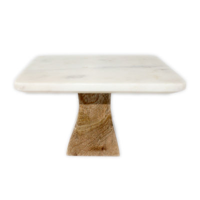 Merridie SM. Assiette à gâteau carrée en marbre blanc avec base en bois de manguier 8 po x 8 po - Blanc