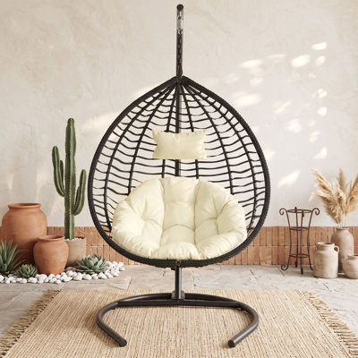 Fauteuil à œufs suspendu pour l'intérieur et l'extérieur avec support, hamac pliable en osier PEHD avec structure en fer et appui-tête amovible