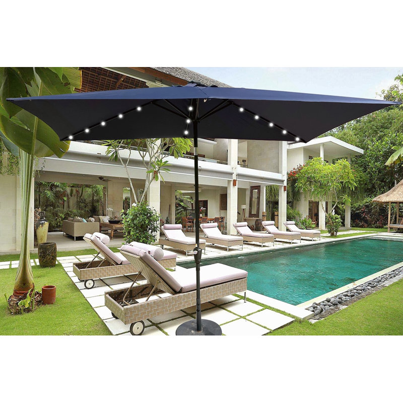 Parasol d'extérieur à DEL solaire 10 x 6,5T avec manivelle et bouton poussoir inclinable pour la cour, Marine