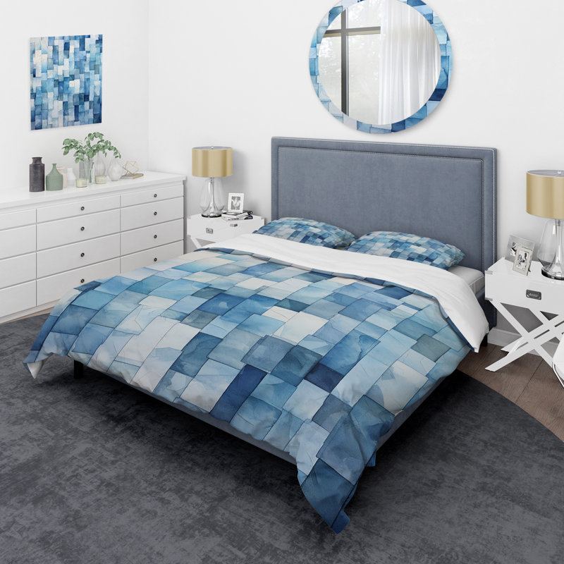 Ensemble de housse de couette blanc et bleu à motif de carreaux scandinaves VI - Abstract