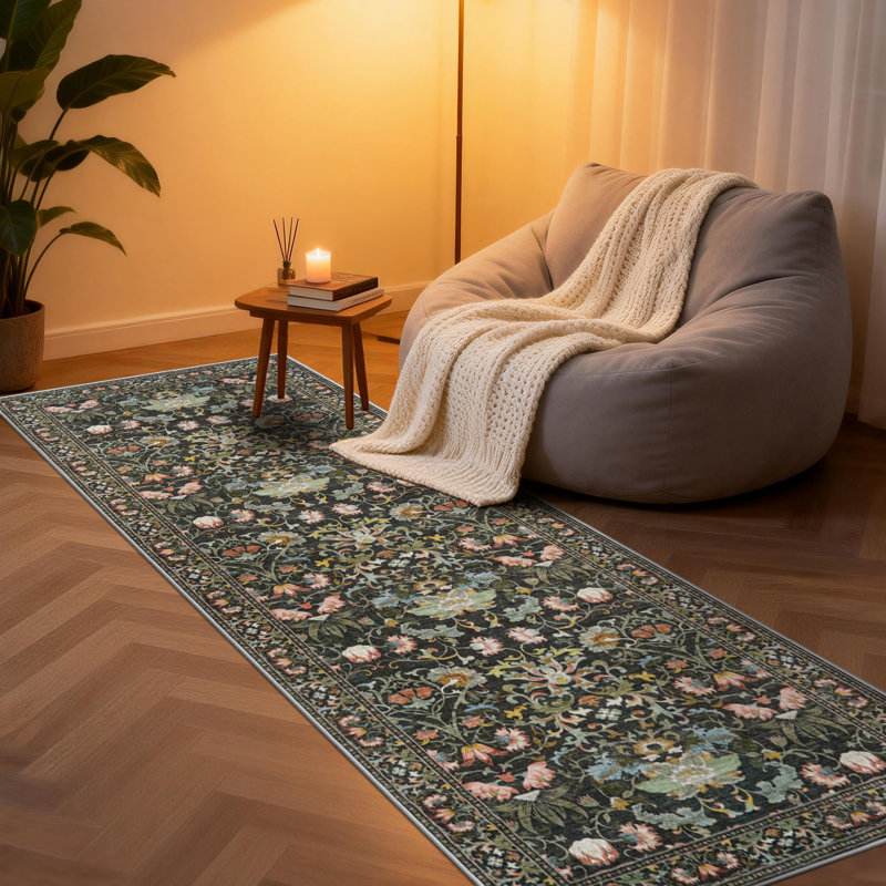 Washable Hallway Rug: Vintage Kitchen Rugs with Non-Slip Backing Low Pile Water Resistant Carpet for Living Room Bedroom Soft Floor Mat for Bathroom Laudry Dining Room