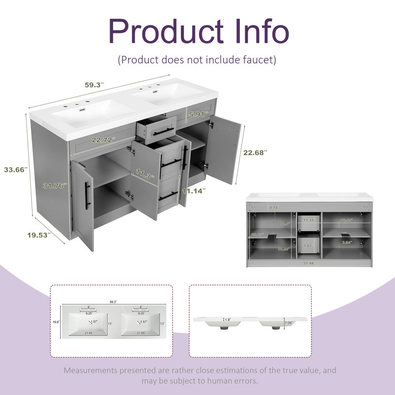 Contemporary 59.3 Inch Double Sink Bathroom Vanity With Smc Top, Mdf Cabinet, Solid Wood Frame, Soft Close Doors, Gray