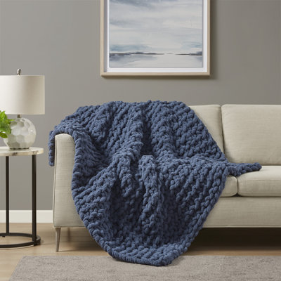 Chenille Chunky Knit Navy Blue Luxurious Soft Handmade 50x60" Throw
