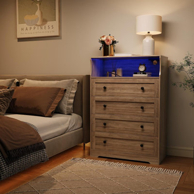 4 Drawer Dressers for Bedroom with LED Lights & Charging Station, Modern Nightstand for Bedside, Chest of Drawers Storage Organizer for Living Room, Hallway, Closet