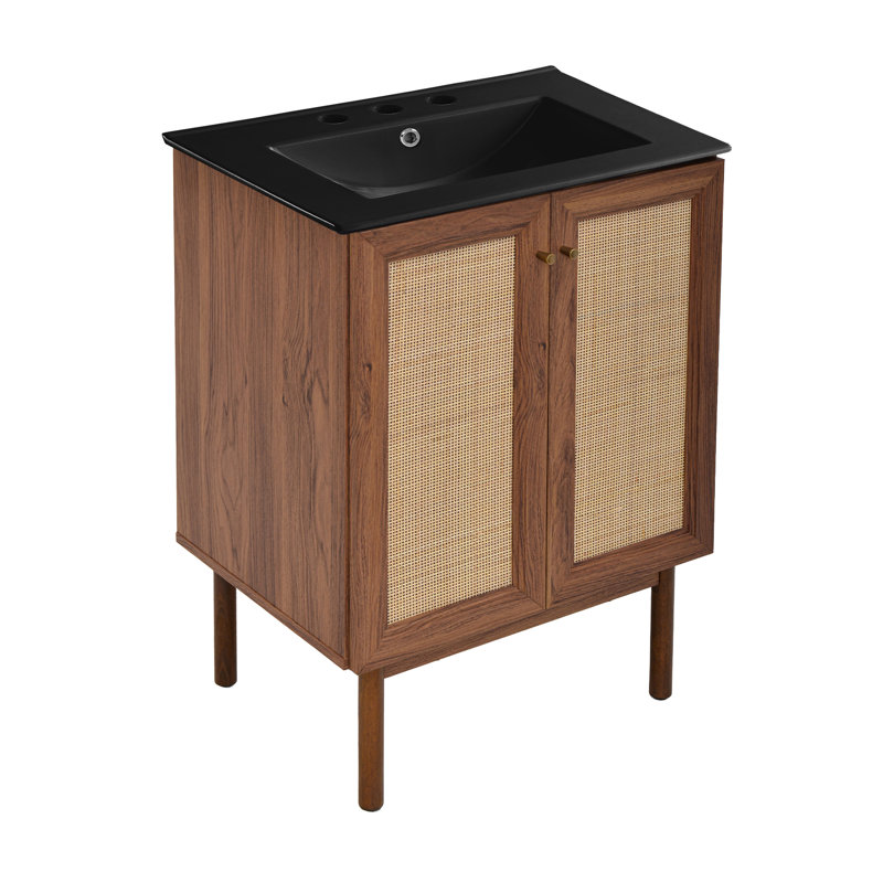 Classe 24" Freestanding Bathroom Vanity in Brown Oak with Black 3-Hole Centerset Sink Top, Black, Brown