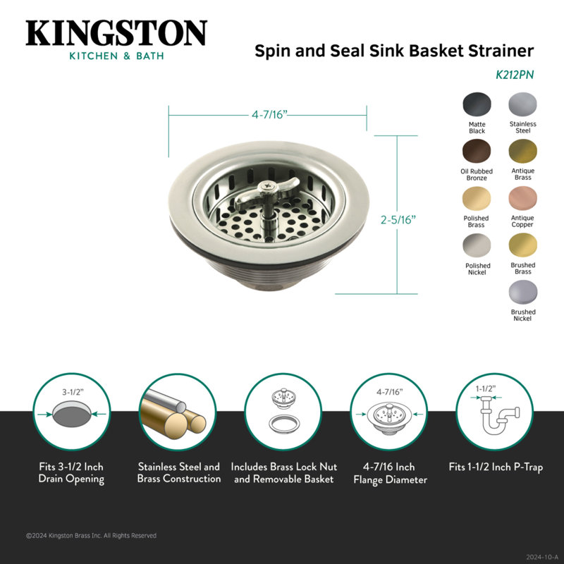 Kingston Brass Tacoma 3-1/2 Inch Kitchen Sink Basket Strainer Only, Polished Brass