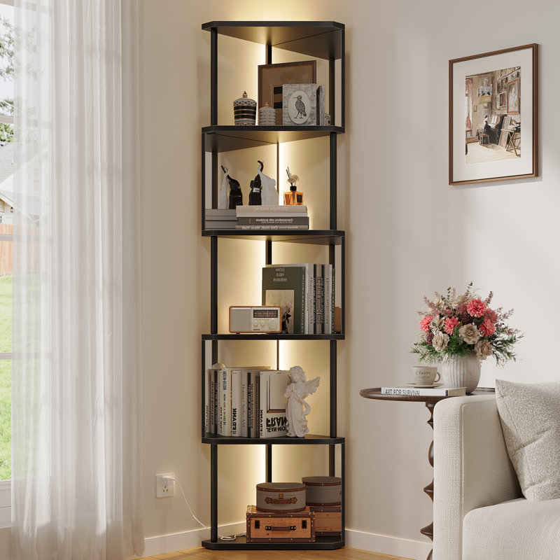 6-Tier Industrial Corner Bookshelf With LED Lights & Mirror Shelves For Living Room, Bedroom, Black
