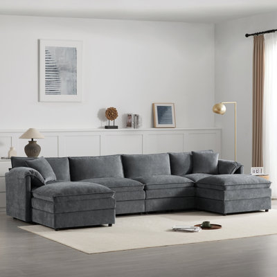 136" Chenille Modular Sectional Sofa With Deep And Wide Seat, U-Shaped Cloud Couch Set With Double Cushions, 6 Seat Sofa With Movable Ottoman, Oversized Indoor Furniture
